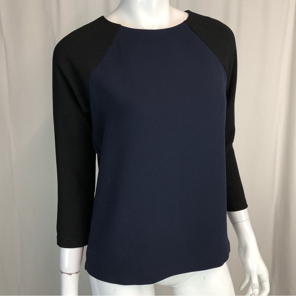 🔵⚫ J.Crew Women Navy Black 3/4 Sleeve Crepe Baseball Crew Neck Blouse Sz 2 EUC